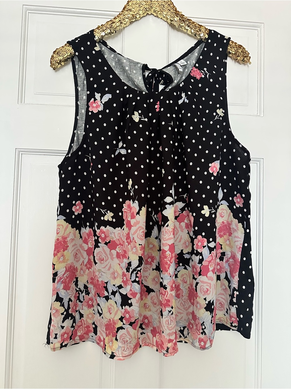 Elle Black Polka Dot & Pink Floral Sleeveless Top Size XL